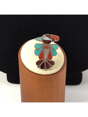 Sterling Silver Thunderbird Ring Turquoise Coral Onyx Mother Of Pearl 6.6Gm Sz 6